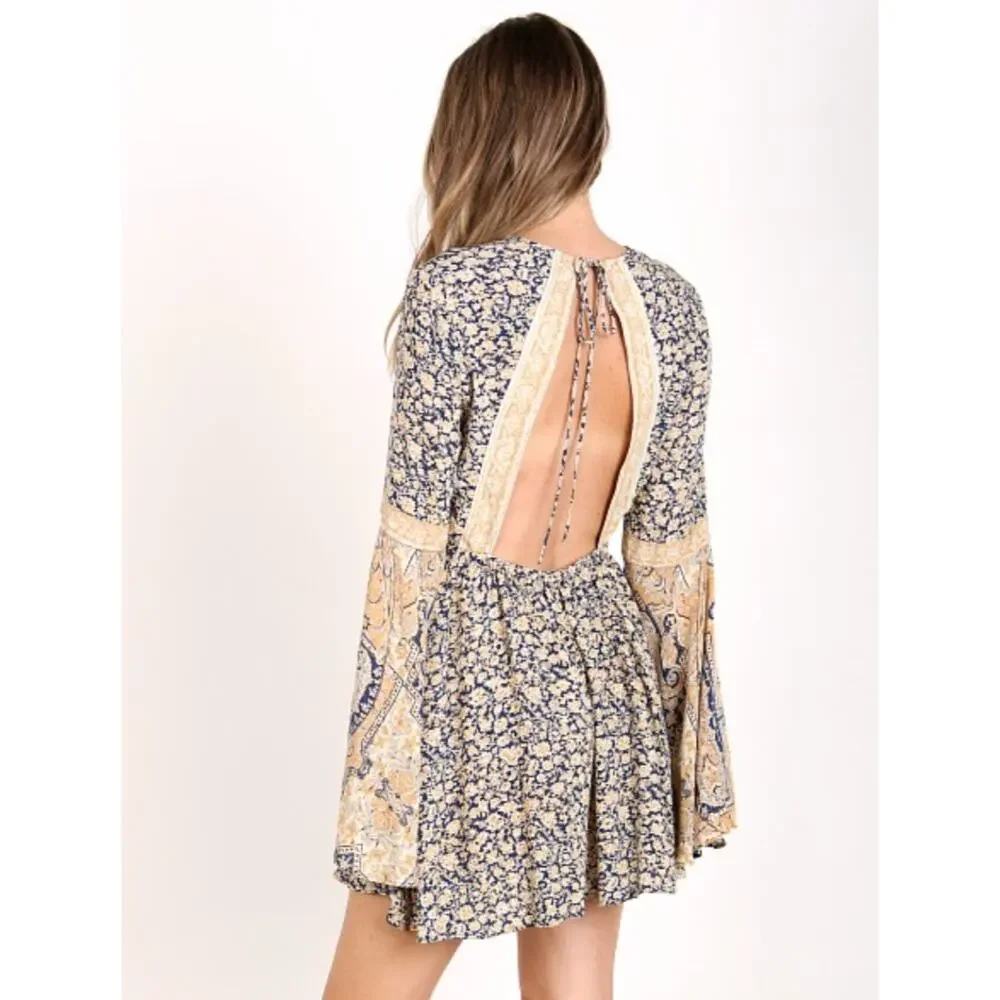FREE PEOPLE Blue Yellow Romper Floral Once Upon a Summertime Bell Sleeve Small S - Picture 3 of 9